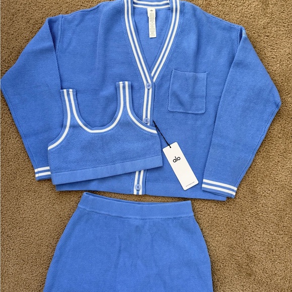 ALO Yoga Sweaters - alo tennis club sweater knit bra skirt cardigan set Crystal Clear Blue
